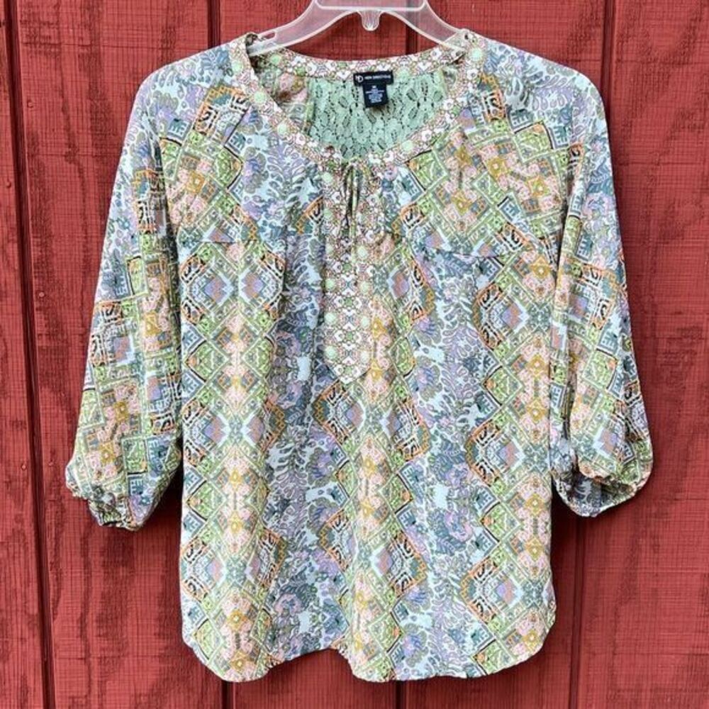 New Directions Women Blouse Top 3/4 Sleeve Tassel Tie Neckline Multicolor Medium